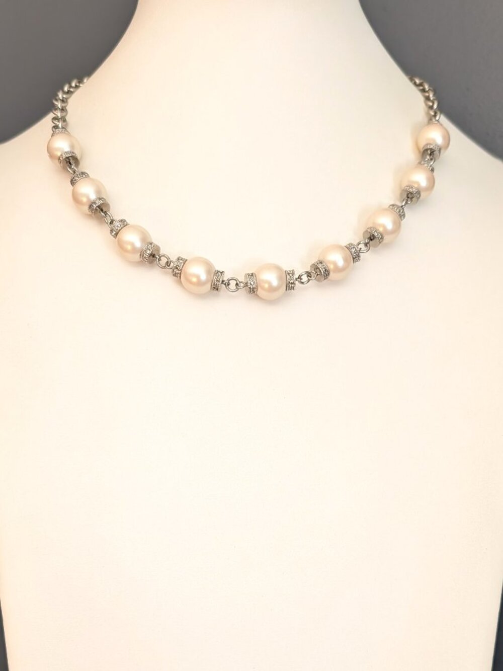 Vintage Crown Trifari faux pearl, silver tone rondelle's with faux diamonds